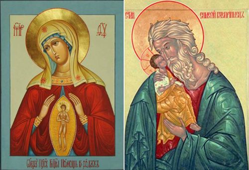 Перед этими образами молятся бесплодные пары: икона Божией Матери (слева) и Симеона Богоприимца.  